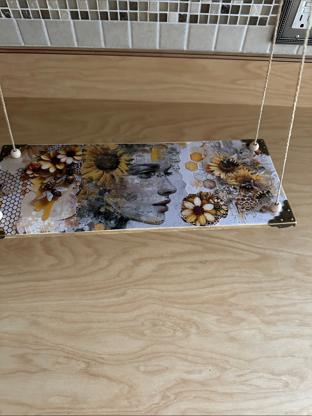 Hand Crafted Sunflower hanging floating wall shelf